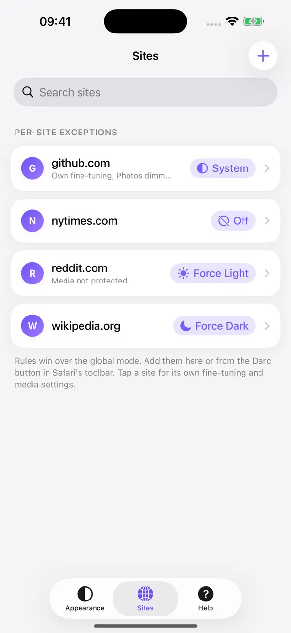 The Sites screen listing per-site exceptions for github.com, nytimes.com, reddit.com and wikipedia.org, each with its own mode.
